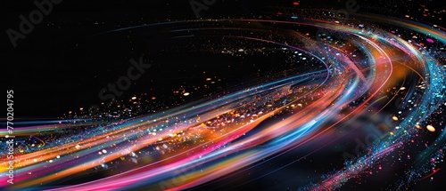 Digital multicolored illustration with blurred motion on a black background.