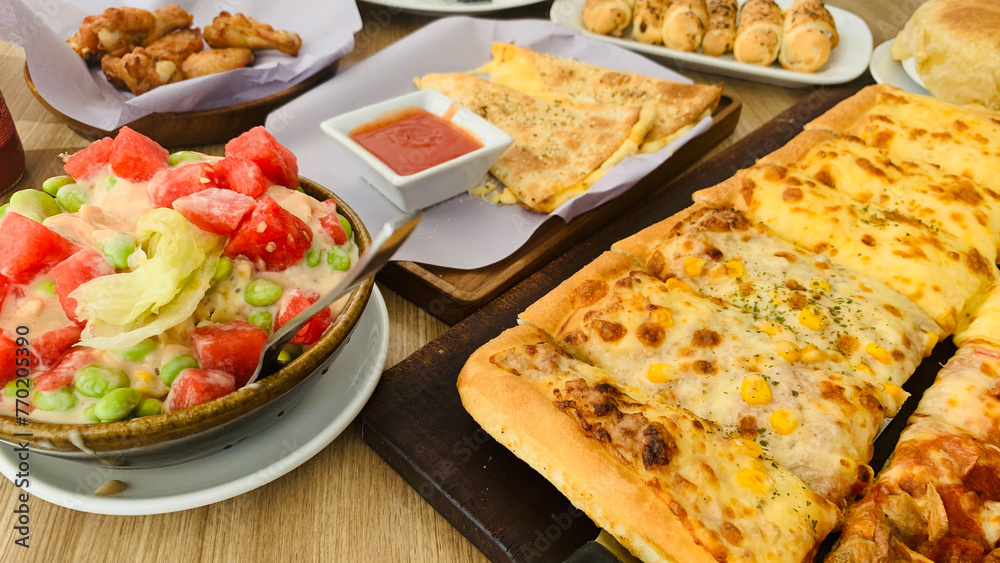 Fresh Homemade square pizza with cheese on wooden table Square pizza Organic pizza healthy pizza