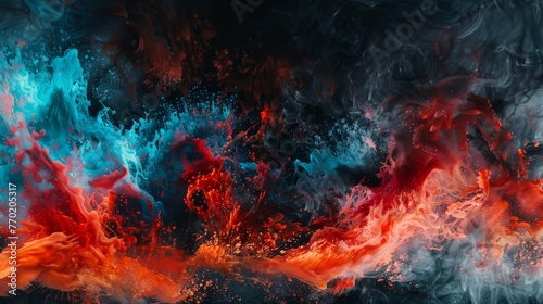 Fiery reds and electric blues colliding in a sea of black in mesmerizing slow motion