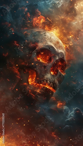 Fiery Skull Amidst Dark Background