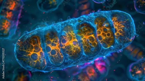 A microscopic view of a mitochondrion within an animal cell demonstrating its distinctive doublemembrane structure and numerous cristae. photo