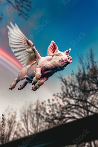 Flying Pig With Rainbow Background