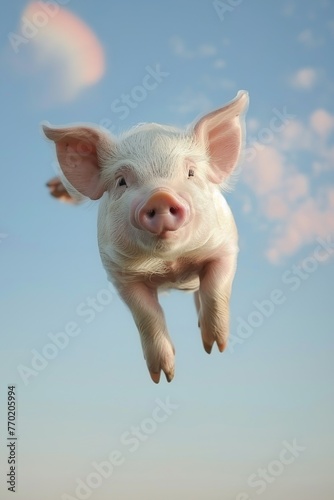 Pig Flying Through the Air With Sky Background