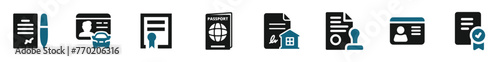 Legal document icon set. Containing contract, agreement, passport, ID card, certificate, license, patent, testament and so on. Flat legal documents vector designs.