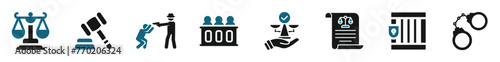 Justice icon set. Containing justice law, court legal, lawyer, judgment and so on. A flat icons set related to law and lawer.