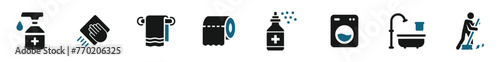 Hygiene icon set. Containing cleaning, disinfection, soap, bathing, sweep icons. Flat health and hygiene icons. photo