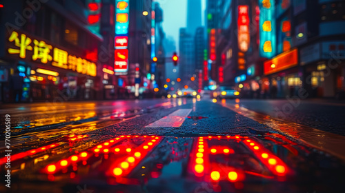 A neon sign with Chinese characters on it is lit up in a city street. The sign is surrounded by a wet, reflective surface, giving the impression of a busy, bustling urban environment