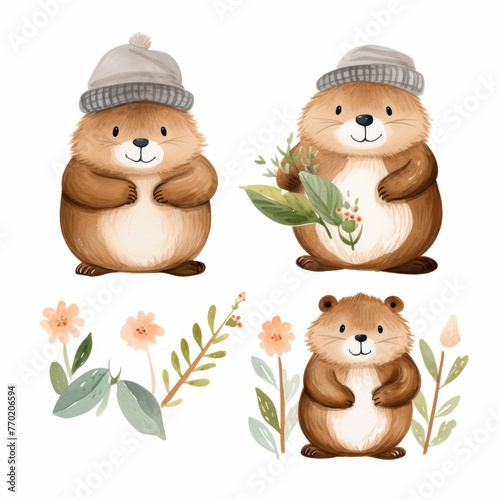 A cute cozy Badger clipart , woodland theme, watercolor clipart, Perfect for nursery, isolated on white background © chayantorn