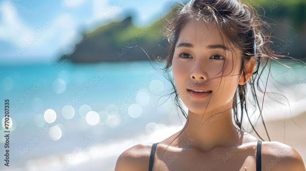 Beautiful model portrait on the beach.