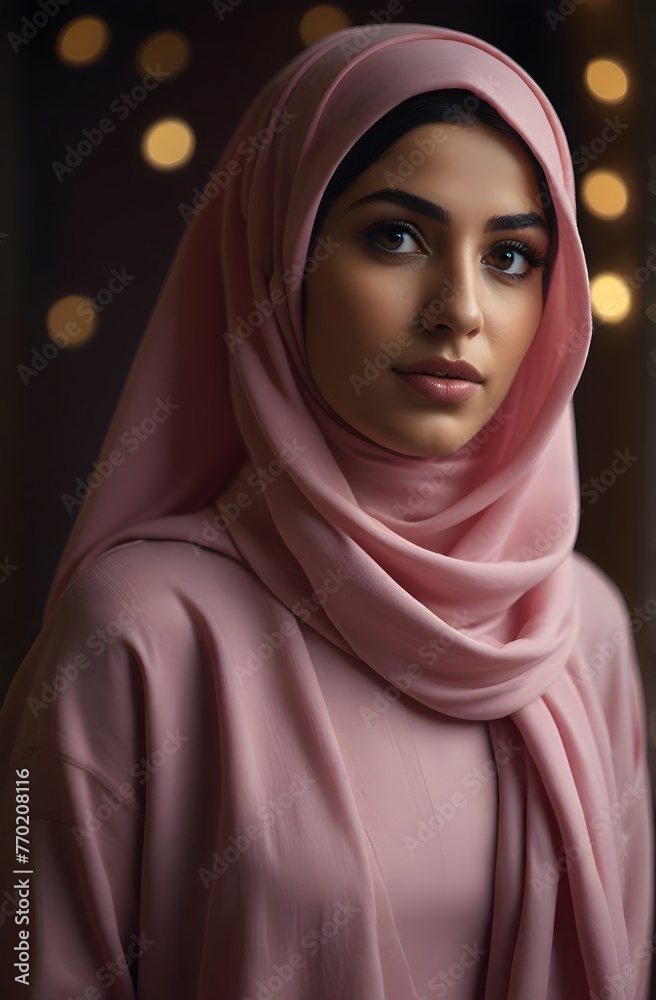 hyper realistic cinematography of a arabian persian beautiful woman wearing pink draped in hijab, in a studio with bokeh background hyper realistic cinematography of a arabian persian beautiful woman wearing pink draped in hijab, in a studio with bokeh background