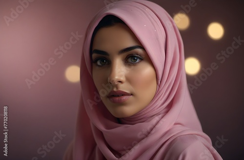 hyper realistic cinematography of a arabian persian beautiful woman wearing pink draped in hijab, in a studio with bokeh background