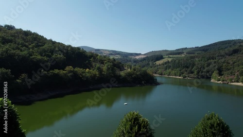 aerial view over couzon dam near rive de gier in massif du pilat regional parc near saint etienne, loire department, france photo