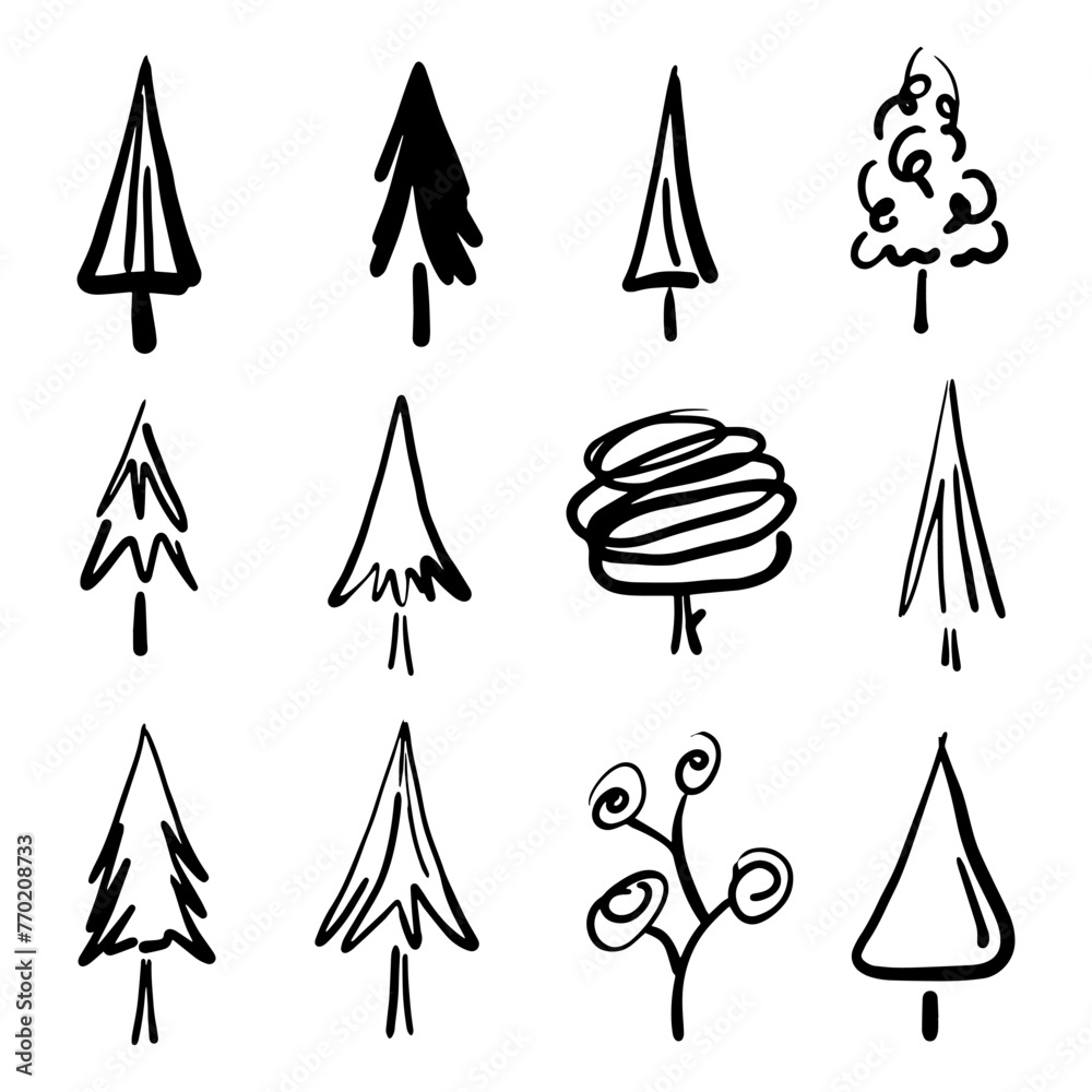 Vector abstract doodle hand drawn set black thin line trees in vector illustration