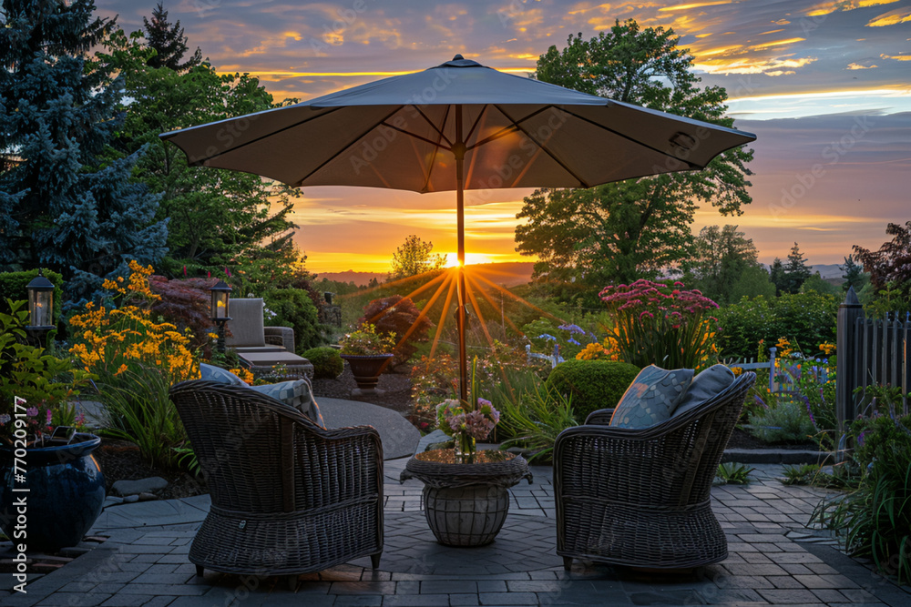 Create an inviting outdoor oasis with two cozy wicker chairs and a matching table, beneath a canopy umbrella, as the soft light filters through the cloudy sky, casting a warm glow over the scene 