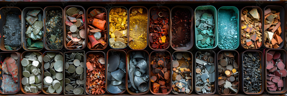  Stackable containers with various metal kinds,
Different plates with various metal objects close up
