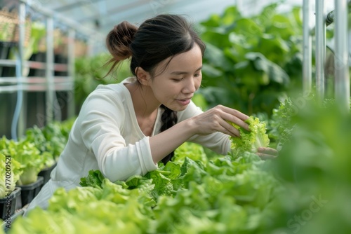 Girl tending to lettuce in a greenhouse