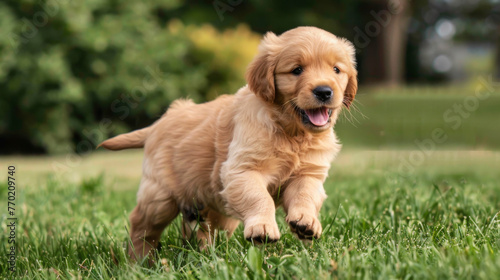 Golden retriever puppy running in grass