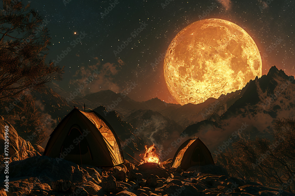Design a campfire scene on a rocky mountain ridge, with silhouetted tents against the backdrop of the luminous full moon