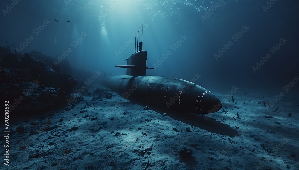 Submarine submerging into depths, military maneuver Submarine submerging into depths, military maneuver