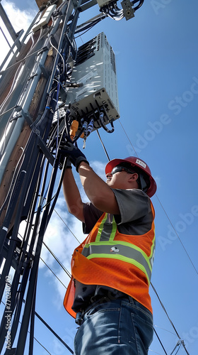 A worker with an orange hat and vest is fixing a pole in the sky
