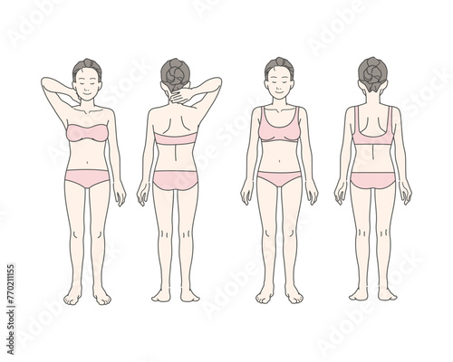 腕を上げて脇をみせるポーズと立ち姿勢の女性のイラストセット