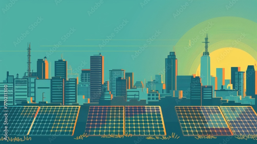 A bustling city skyline with solar panels lining the rooftops exemplifying the growing trend of sustainable energy in urban centers. . .