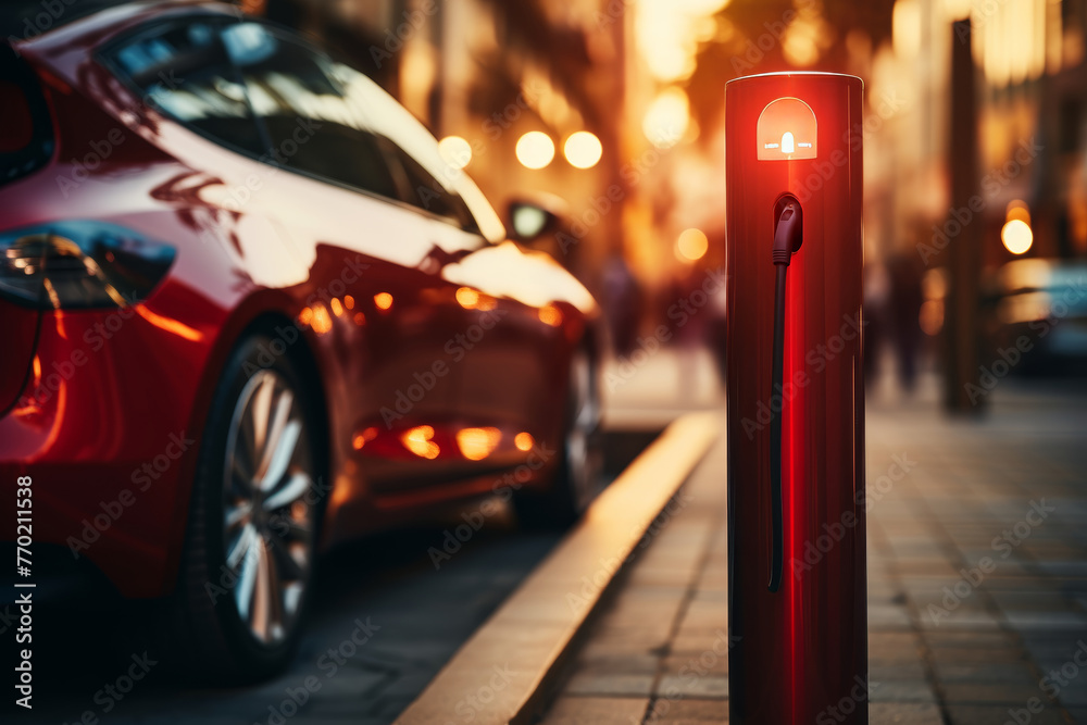 Evening electric car charging station in the blurred background, futuristic transportation concept