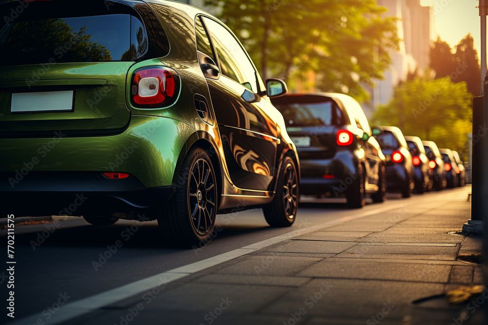 String of electric cars on city road, non-polluting air in blurred background in warm sunlight String of electric cars on city road, non-polluting air in blurred background in warm sunlight
