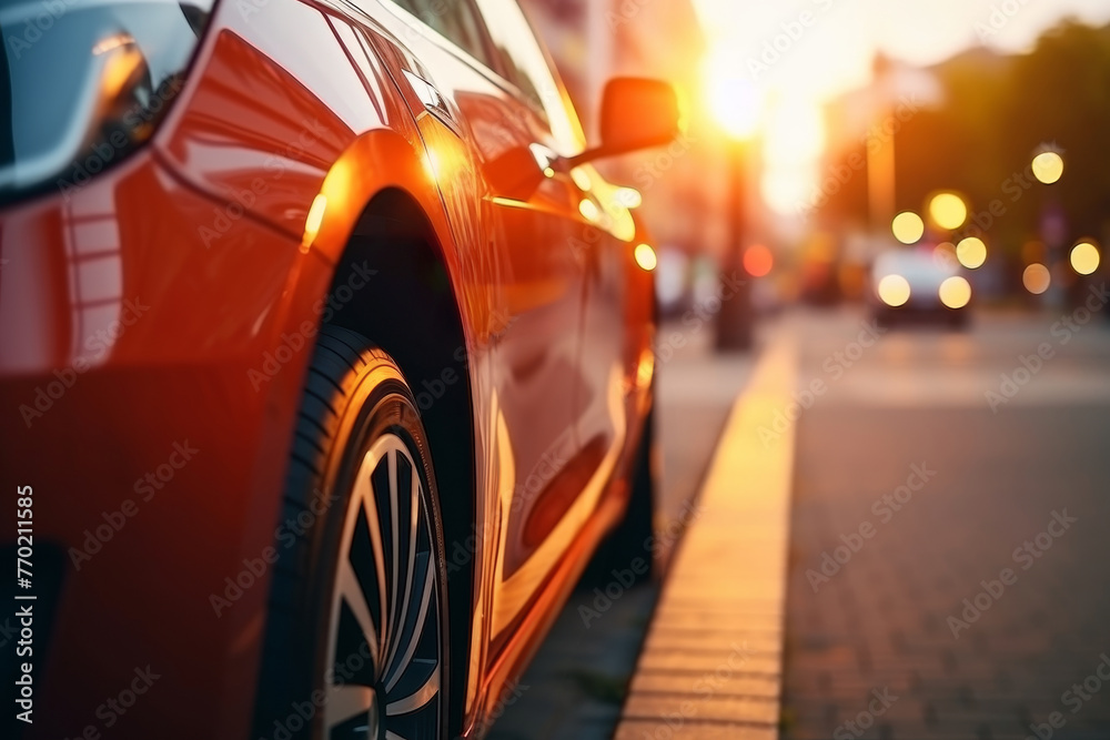 Red car parked on roadside with blurred night city lights background at dark evening time, back view Red car parked on roadside with blurred night city lights background at dark evening time, back view