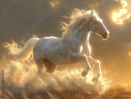 A white horse is running through a field of tall grass
