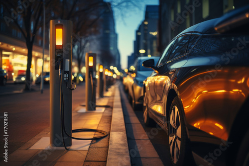 Electric car and charging station with city lights in background for eco-friendly transport concept © Iuliia