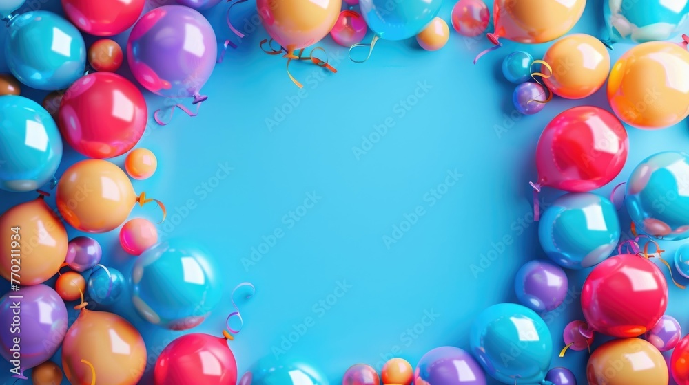 This image depicts a captivating arrangement of colorful,vibrant 3D birthday balloons creating a circular border around a blank central space The balloons,in a variety of hues including This image depicts a captivating arrangement of colorful,vibrant 3D birthday balloons creating a circular border around a blank central space The balloons,in a variety of hues including