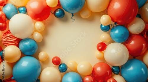 Elegant 3D balloon arrangement in a circular motif,surrounding an empty space for age,date,or birthday quotes The balloons float and overlap in a vibrant,colorful display,creating a joyful,whimsical