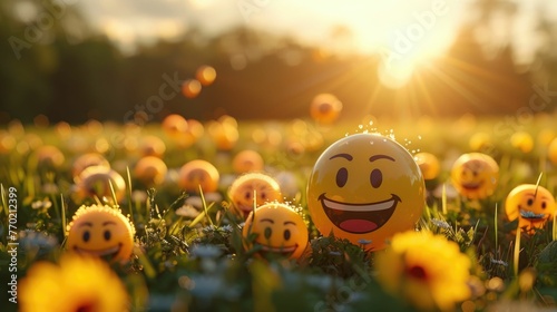 This vibrant,cheerful scene depicts 3D smiley emoji balls bouncing lightly in an open,sunlit field The bright,bouncing balls create a sense of playful joy and positive energy,conveying an uplifting photo