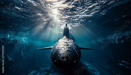 Submarine submerging into depths, military maneuver photo