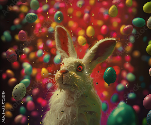 Crazy white bunny with red eyes with colorful easter eggs falling from the sky. Red background
