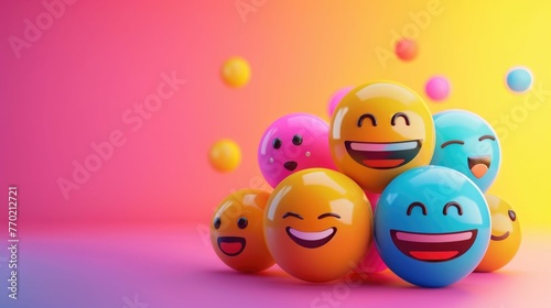 Playful digital featuring a group of 3D emoji smiley faces with various expressions of happiness and joy Set against a colorful rainbow gradient background,the smiley faces are arranged