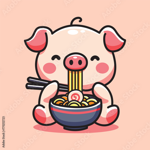 Cute vector design illustration of pigs eating ramen