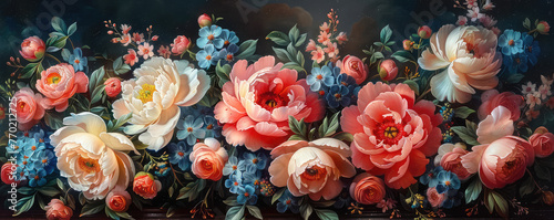 A detailed oil painting of an array of roses and bluebells, rich in colors with intricate details on the petals and leaves. Created with Ai