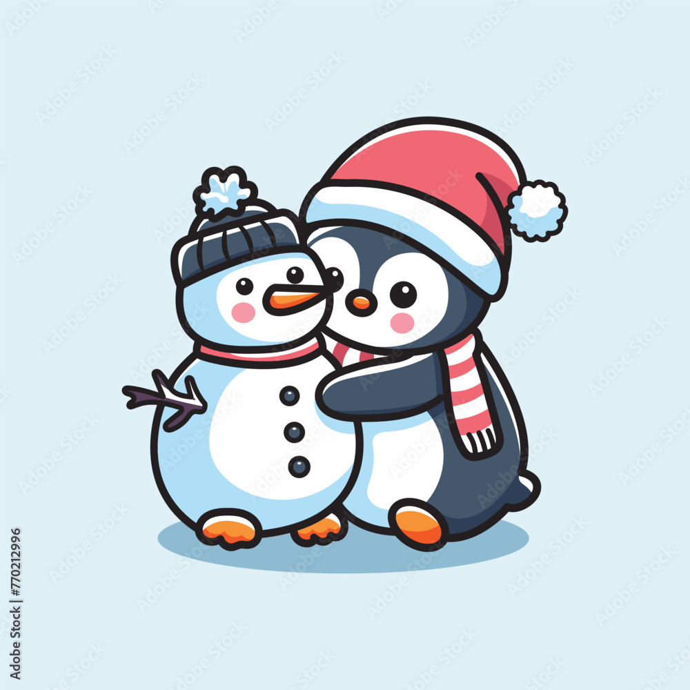Cute Vector Design Illustration of Penguins and Snowmen 