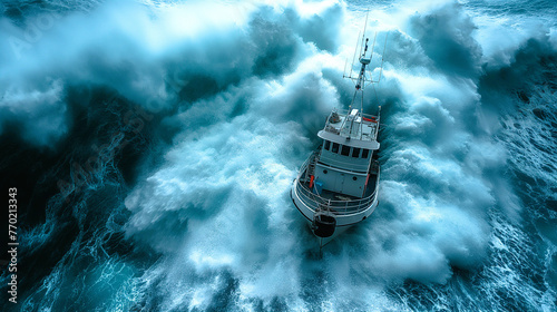 A fishing boat staying afloat in the middle of a storm with big waves photo