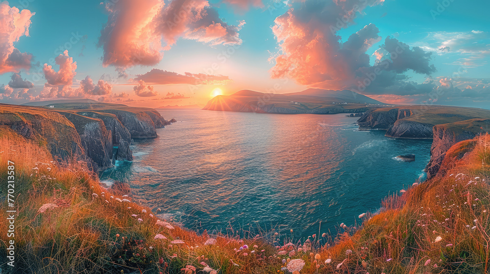 A breathtaking panoramic view of the rugged cliffs and coastal landscapes along Ireland's west coast, with a backdrop of vibrant sunset colors over an expansive sea that meets the horizon in distance. - obrazy, fototapety, plakaty 