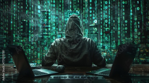 Surrounded by screens displaying lines of code and digital interfaces, a hacker sits in a dimly lit room