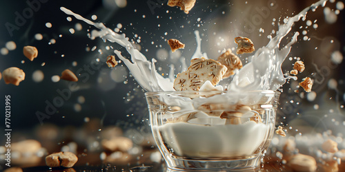 Closeup tasty cookies are splashing in milk, 3d illustration on natural grey background. Cream Milkshake, crazy joyful fun breakfast. Concept of joy of freedom and enjoying wild style of eating photo