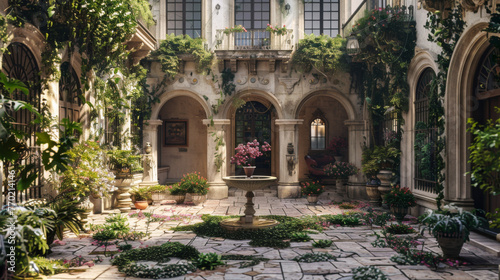 A courtyard with a lot of greenery and a few potted plants. The courtyard is surrounded by buildings with arched windows