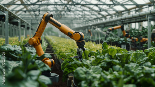 A robot is picking up vegetables in a greenhouse. The robot is orange and is surrounded by green plants