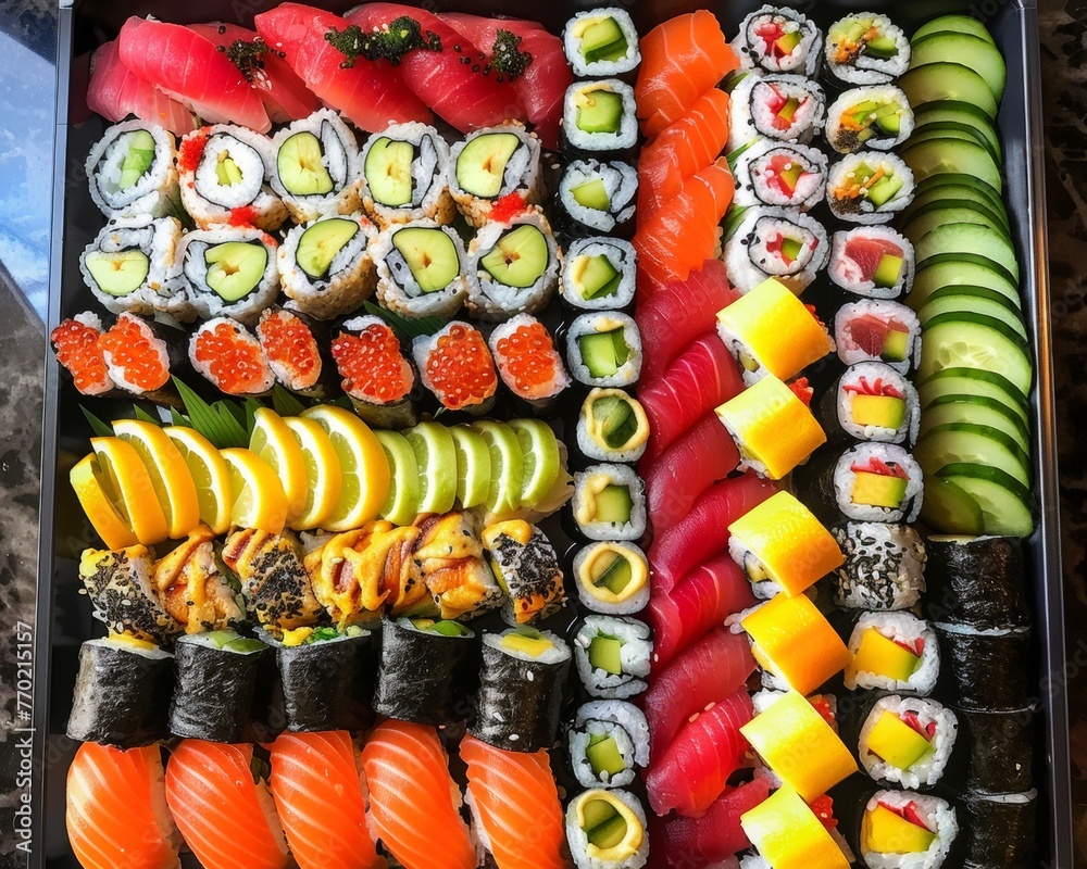 Healthy sushi feast highlighting rolls as sources of vitamins