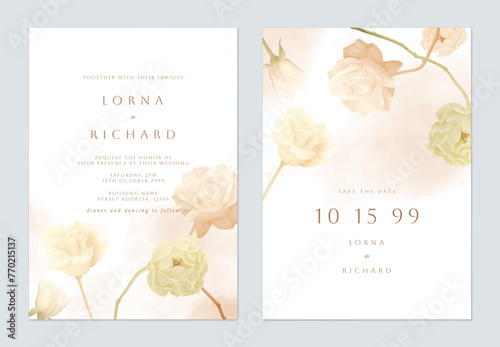 Wedding invitation template, brown roses on white background