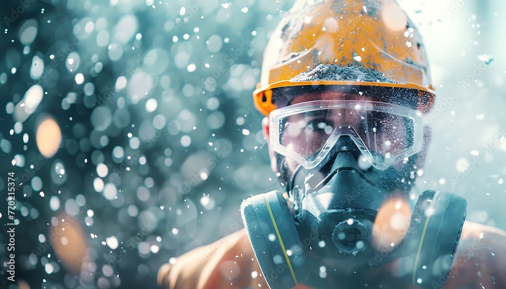 Skilled Construction Worker Amid Glass Wool Dust, Protected by Quality Mask - obrazy, fototapety, plakaty 