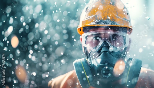 Skilled Construction Worker Amid Glass Wool Dust, Protected by Quality Mask photo